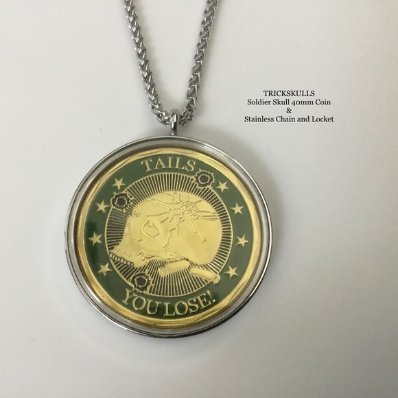 Soldier Skull Enamel Coin in Stainless Locket & 45 - 60cm Wheat Link Chain - Picture 10 of 11